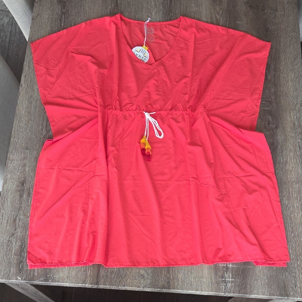 NEW! SUN50 Salmon Red Cover Up Kaftan Tunic with Tassel Detail UPF 50+